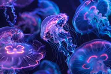 jellyfish in the water glowing with neon purple blue light underwater with copy space