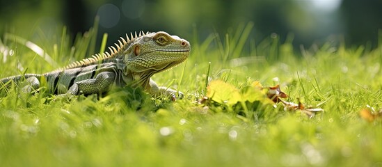 Obraz premium lizard shedding its skin and feeding on a green lawn. Creative banner. Copyspace image
