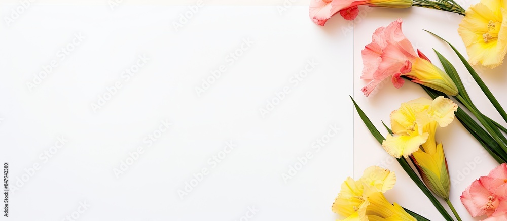 Poster branch of pale yellow and pink gladiolus flower and blank red paper sheet with on white office table