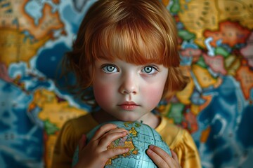 Young Girl Holding Globe In Front of World Map