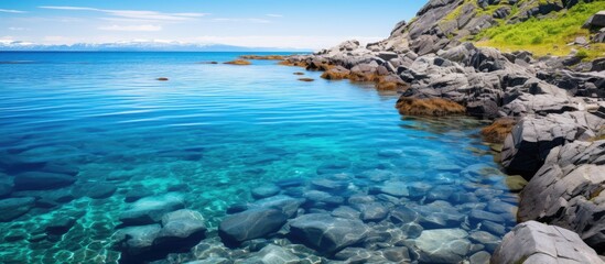 Fototapeta premium Barents Sea and Rocks with Blue and Green water. Creative banner. Copyspace image