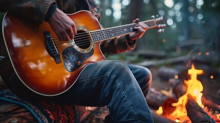 Obraz premium A close-up of a man playing an acoustic guitar by a campfire in the woods