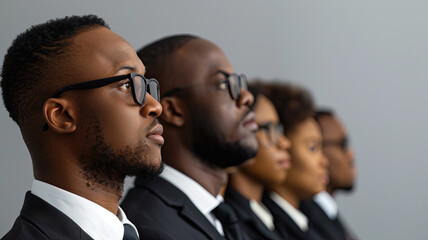 Eine Gruppe von Geschäftsleuten steht in einer Rhein und schaut in selbe Richtung.