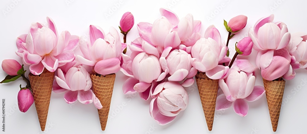 Poster Ice cream cone with spring pink magnolia flowers composition on white background Minimal spring concept Flat lay top view. Creative banner. Copyspace image