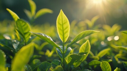 Obraz premium Close-up of young green leaves in a tea plantation with morning light
