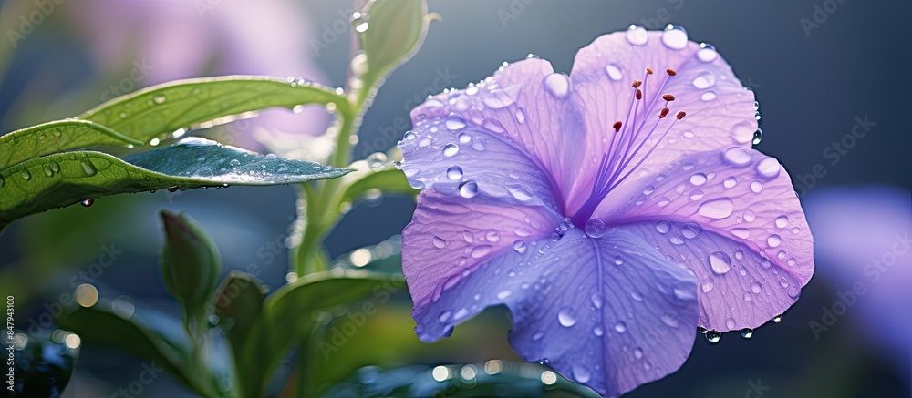 Aufkleber kencana ungu flower in latin name is Ruellia Angstifolia take in focus close up flower in the morning with few dew drop. Creative banner. Copyspace image