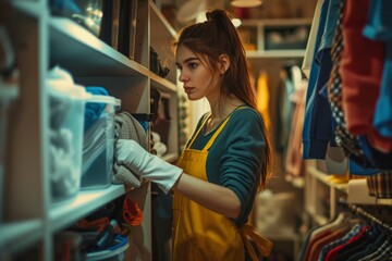 Concentrated woman cleaning a pottery studio table with a cloth and wearing an apron.