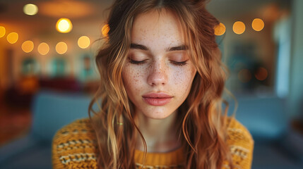 Close-up of a young woman with freckles and wavy hair