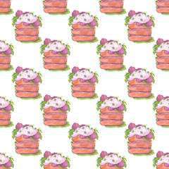 Double sandwiches with purple basil. Seamless pattern for your design. Vegan food sample. Ideal for textiles and other kitchen and cafe decor. White background