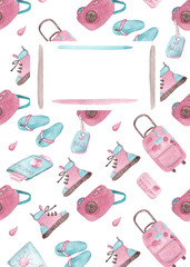 Cover with title window. Diary, notepad or sketchbook format. Watercolor pattern. Pink and mint clothing, travel accessories. 90s style template. Fashionable girlish print. White background