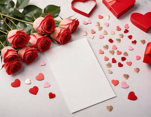 Red roses and heart-shaped decorations on a white background for a romantic occasion.Valentine's Day, holiday, wedding, engagement.