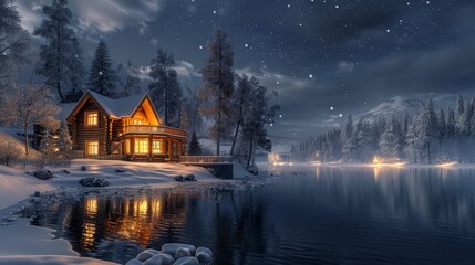 Fototapeta premium Cozy wooden cabin by a snowy lake at night