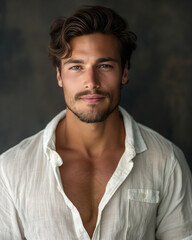 Confident Young Man in White Shirt with Relaxed Expression, Dark Background
