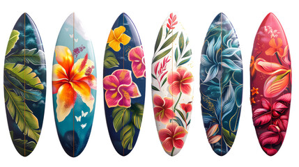 Fototapeta premium A row of colorful surfboards decorated with tropical flowers and foliage.