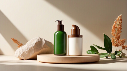 Cosmetic background. Containers for cosmetic bottles with plant leaves and hard shadows