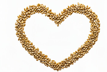Obraz premium Heart shaped arrangement of golden grains on white background