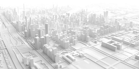 Birds Eye view of a modern city. Urban concept. White clay 3D rendering.  Created with Generative AI technology.