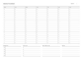 A weekly plan design template in a modern, simple, and minimalist style. Note, scheduler, diary, calendar, planner document template illustration.