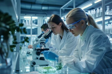 team of scientists in a innovative modern laboratory wearing lab white coats doing medical research