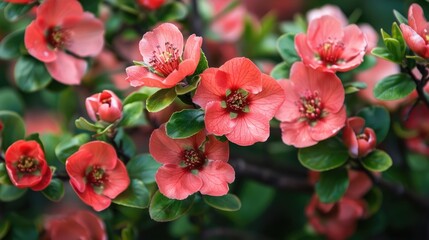 Obraz premium In spring a close up view of a flowering quince shrub with brick red flowers scattered among its green leaves in the garden