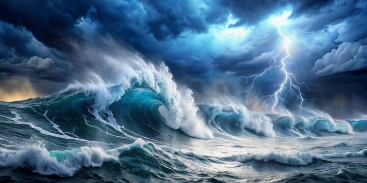 Dramatic ocean storm with lightning and waves