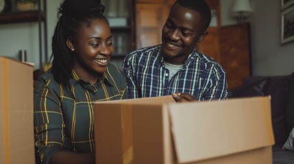 A couple excitedly opens a package in their living room