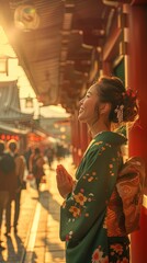 Asian girl with the charm of an idol, her bright smile reflecting inner happiness and contentment as she faces the viewer. Asian Culture heritage.