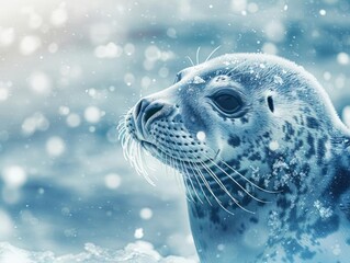Close-up of a seal in a snowy, marine environment, highlighting its natural beauty and the serene winter setting.
