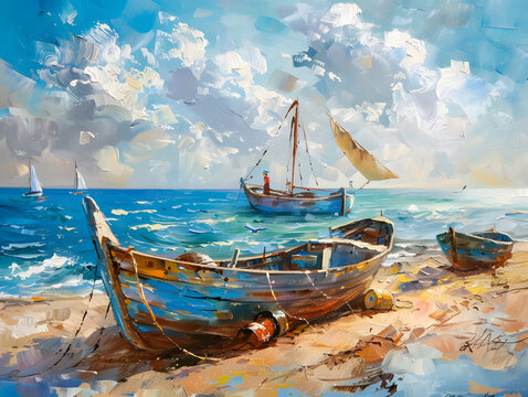 Sea, boats, fisherman Oil color painting. Generative AI.