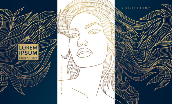Vector set of art deco beauty background. Line feminine, woman portrait with long hair, leaves, organic. Spa, salon, cosmetic design elements, logo concept, package