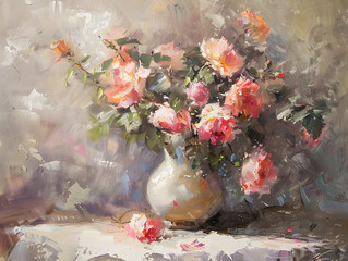 Still life vase with rose flowers Oil color painting. Generative AI.