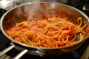 Cooking and stirring the spaghetti with red tomato sauce in the frying pan.
