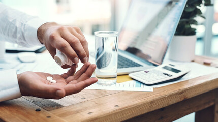 Water, hands and businessman with pills in office for headache, migraine or pain treatment. Healthcare, medication and sick male accountant drinking h2o liquid with tablets for cold, flu or allergies