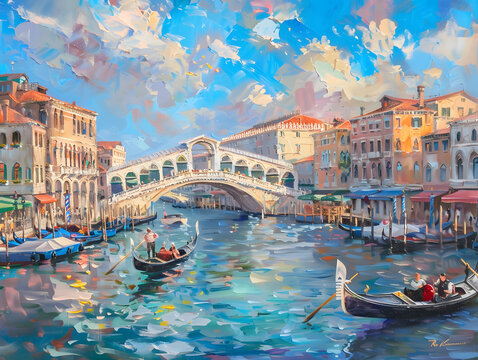 Stunning afternoon landscape of Grand canal and Bridge Rialto during beautiful summer sky Oil color painting. Generative AI.