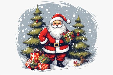 Blushing Cartoon Santa Claus with Christmas Trees and Presents in Snow
