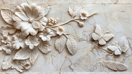 Decorative marble panel with intricate flower silhouette, delicate butterfly, and graceful feather design, adding texture and elegance to any wall