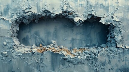 Close-up of a heart-shaped crack in a distressed blue wall, showing decay and the concept of broken love