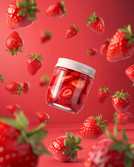Advertising photograph of strawberry jam jar floating in the middle with flying fresh red strawberries around, no logo