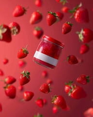 Advertising photograph of strawberry jam jar floating in the middle with flying fresh red strawberries around, no logo