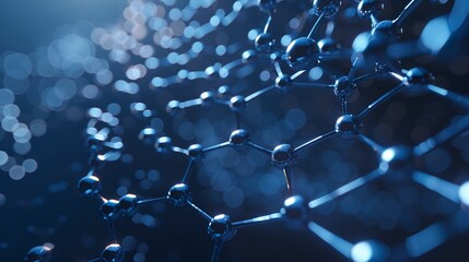 Macro Close-up of Carbon Metal Molecules Structure in Double Exposure on Blue Background. 3D Rendering of Carbon Technology Science Abstract Wallpaper for Innovation Concepts, Global Designs in Advert