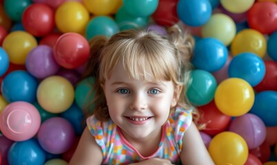 Adorable toddler enjoying a playful moment in a vibrant ball pit filled with multicolored balls. The child's radiant smile and curly hair highlight their pure delight and innocent joy.