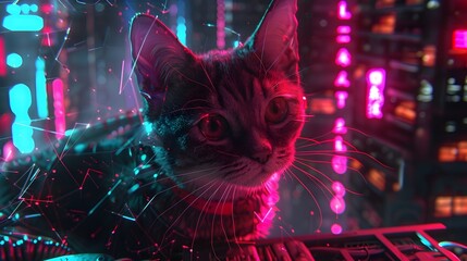 Hyper-Detailed Cyborg Cat Amid Vibrant Neon Lights and Futuristic Dystopia