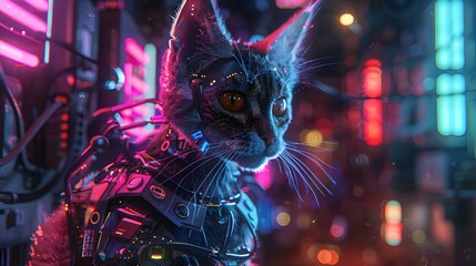 Hyper-detailed Cyborg Cat with Vibrant Neon Illumination in Futuristic Setting