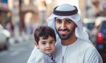 A Middle Eastern father proudly embracing his son in traditional attire outdoors in an urban setting. The duo shares a moment of joy and togetherness, showcasing their strong bond