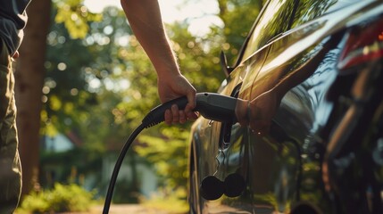 Obraz premium Close-up of a person charging an electric car in an urban setting. The focus is on the vehicle and the charging cable, highlighting the transition to environmentally friendly transportation.
