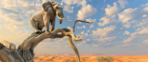 Obraz premium 3D Rendering of Cartoon Elephant Sitting on Tree Branch in Desert