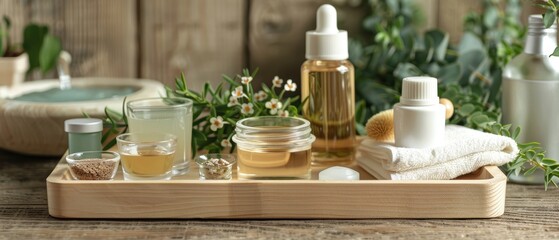 Assorted natural skincare products on a wooden tray, eco-friendly beauty