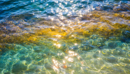 Fototapeta premium water waves of the sea and ocean with glare and rays of the sun, summer wallpaper for the presentation of recreation and vacation
