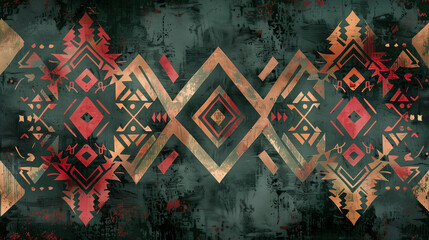 An Aztec pattern with a grunge print in an alizarin shade, inspired by Navajo styling, looks impressive on a dark green damask background.