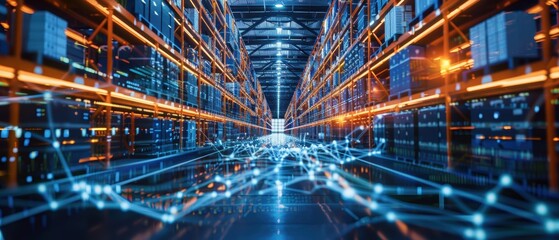 High-tech warehouse with glowing infrastructure, automated robots, and futuristic digital systems